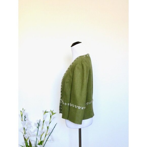 NEW! TORY BURCH Avery Hills Embellished Jacket Linen Blend Green SZ 4 - Picture 12 of 16
